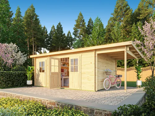 Fjordholz Pultdach Gartenhaus Ezra 5I – Massives Gartenhaus aus nordischer Fichte - Massives Pultdach Gartenhaus Modell Ezra 5I mit stabilen Wandbohlen. Hochwertige Doppeltür und robustes Design für vielseitige Nutzung im Garten. Individuelle Anpassungen auf Anfrage möglich.