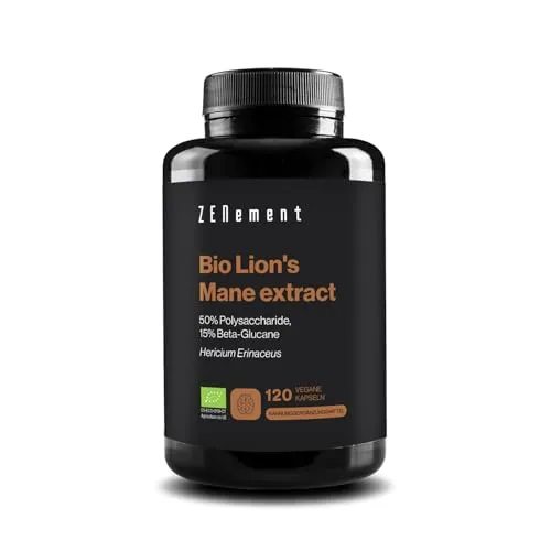 Löwenmähne Extrakt Bio 50% Polysaccharide und 15% Beta-Glucane – Hericium Erinaceus – Natürlicher und Veganer Ursprung – 4 Monate Vorrat – 120 Vegane Kapseln – Zenement