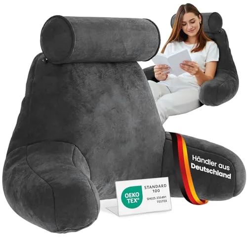 ELONEO Rückenkissen – Lesekissen für optimalen Sitzkomfort mit Armlehnen und abnehmbarer Nackenrolle