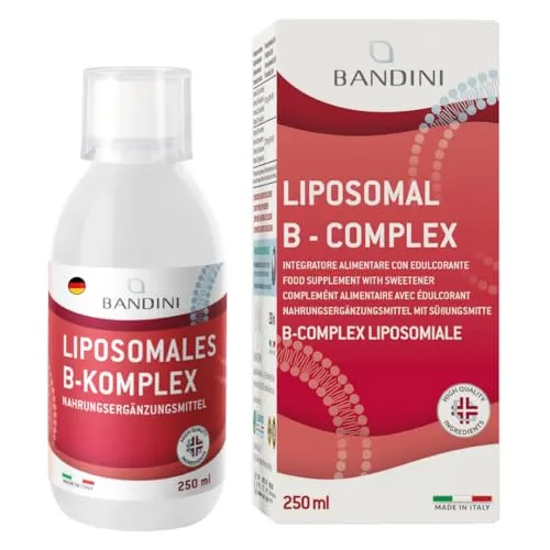 Bandini® Vitamin B Komplex Liposomal | 250 ml Flüssigformat | Vitamine Complex: Alle 8 B-Vitamine B1, B2, B3, B5, B6, B7, B9, B12 | Nervensystem, Stoffwechsel, Psychische Funktion | Vegan, GVO-frei