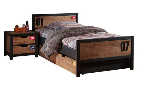 aufm Kessel Jugendzimmer-Set Kameko 1 in Schwarz/Cognac - Komplettes Kinderzimmer-Set aus hochwertigem MDF und massivem Kiefernholz. Inkl. Einzelbett, Lattenrost, Bettschublade und Nachtkonsole für optimalen Stauraum. Ideal für eine stilvolle und funktionale Einrichtung.