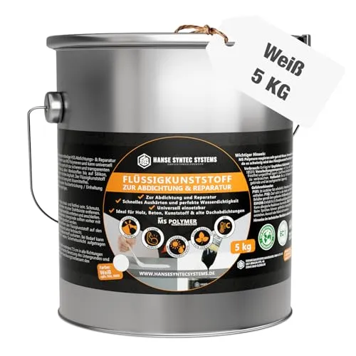 HSS Flüssigkunststoff für Abdichtung & Reparatur – UV- & witterungsbeständig – MS-Polymer – lösungsmittel- & bitumenfrei – Weiß – 5 Kg für ca. 5m²