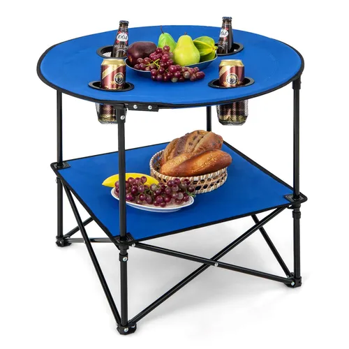 2-stöckiger faltbarer Campingtisch für Picknick und Garten - Praktischer, blauer Campingtisch mit zwei Ebenen. Ideal für Outdoor-Aktivitäten und platzsparend. Inklusive Tragetasche für einfachen Transport und Aufbewahrung.