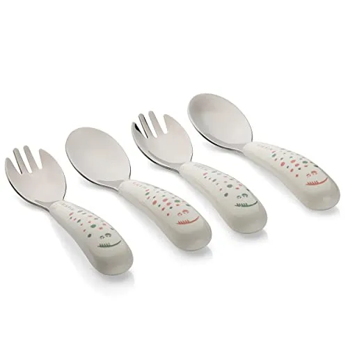 MiaMia Kinder und Baby Besteck Set - sicheres, geprüftes und lebensmittelechts Babybesteck aus Edelstahl mit handlichen Griffen - Creme Weiß (ab 12 Monate (4 Teile))