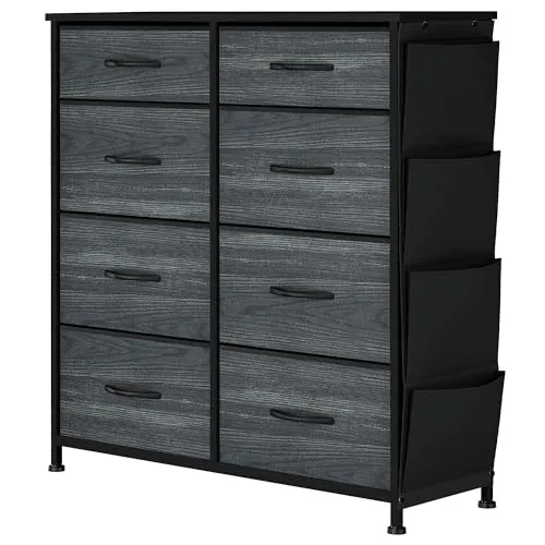 YITAHOME Kommode, 8 Stoffschubladen mit Griffen, Aufbewahrungsschrank, Schubladenschrank, Schrank, Metallgestell, stoffkommode für Schlafzimmer, für Wohnzimmer, Flur, Büro, Schwarze Holzmaserung