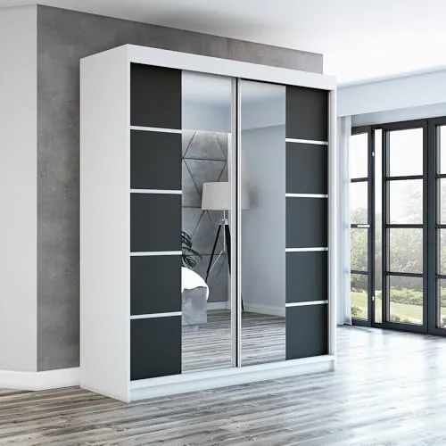 Schwebetürenschrank ERA 160 cm mit Spiegel - Moderner 2-türiger Schwebetürenschrank in Weiß/Schwarz, ausgestattet mit hochwertigem Aluminium-Schiebetürsystem für müheloses Öffnen und Schließen. Perfekt für stilvolle und platzsparende Schlafzimmer.