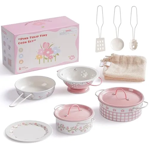 ROBUD Kinderküche Zubehör Topfset Spielset, 8-teiliges Kinder Töpfe und Pfannen-Sets aus Metall, Spielküche Kochgeschirr für Rollenspiele, Geschenk Spielzeug für Kinder ab 3 Jahren, Rosa