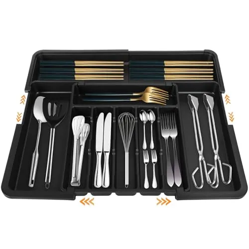 USHOP Besteckkasten für Schubladen,6-9 Fächer Verstellbar,erweiterbarer großer Besteckkasten für die Küche,verstellbarer Zubehör- und Besteckablage,Zur Aufbewahrung von Küchenutensilien schwarz