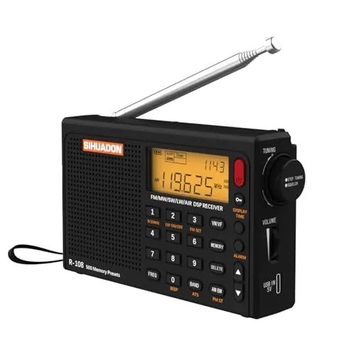 SIHUADON R-108 Kleines Tragbare Radios Wiederaufladbares Batterieradio UKW FM AM SW Airband Radio weltempfänger digitalradio mit ATS-Stationsspeicher Sleep-Funktion (Schwarz)