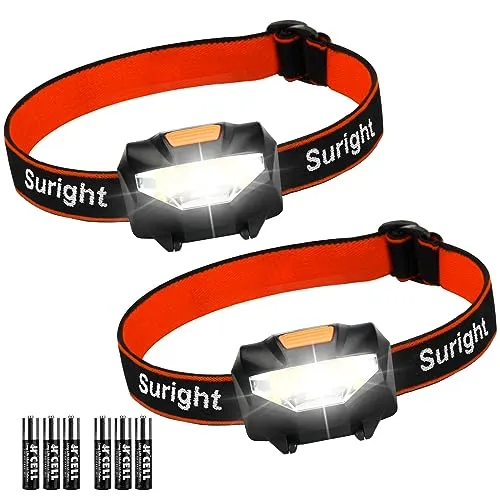 Suright LED Stirnlampe, 2 Stück LED Kopflampe 3 Lichtmodi 140 Lumen | 60° Einstellbarer, Wasserdicht Leichtgewichts, Superhell LED Stirnlampen fürs Laufen, Angeln, Campen, Jagen, Klettern