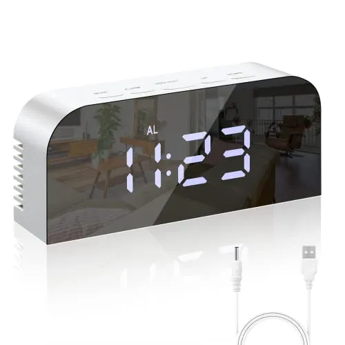 Vinabo Digitaler Spiegel-Wecker, LED-Spiegel-Digitaluhr Nachtwecker Morgenwecker, 2 Helligkeitsstufen, 12/24H, mit 2 USB-Ladeanschlüssen, Moderne Dekoration für Zuhause oder Schlafzimmer