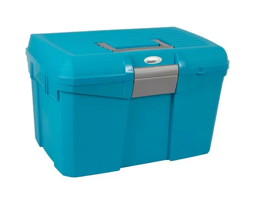 CATAGO Striegel Pferde Putzbox türkis/blau - Praktische Aufbewahrung - Tierbürsten: Verstauen Sie bequem Ihre Putzutensilien in dieser stabilen Box mit herausnehmbarem Fach und Pinselhalter. Ideal zum Sitzen oder Stehen (bis 100 kg)!