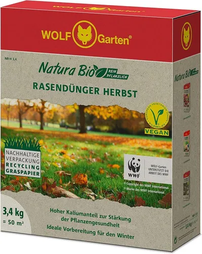 WOLF Rasendünger Natura Bio Rasendünger Herbst 50m² Verpackung Recycling Graspapier, 1-St.