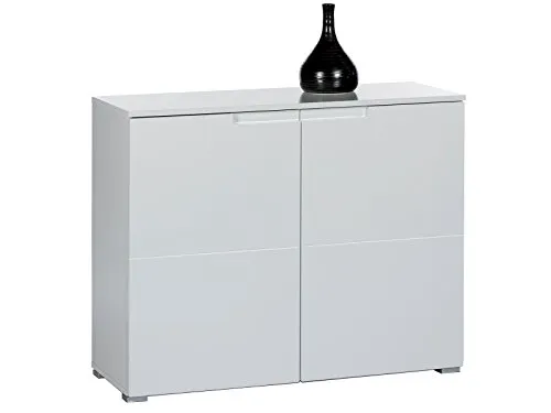 möbelando Kommode Suzette VI - Elegantes Highboard in Weiß-Hochglanz - Kommode & Sideboard mit 2 Türen und 2 Einlegeböden, ideal für Flur und Wohnraum. Hochwertige MDF-Front in Weiß-Hochglanz für modernen Stil und optimale Stauraumgestaltung.