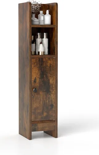 COSTWAY Toilettenschrank, Badschrank, Badezimmerschrank mit 2 Fächern & 2 Ablage, Badregal Holz, Aufbewahrungsschrank, 20x18x80cm, Vintage
