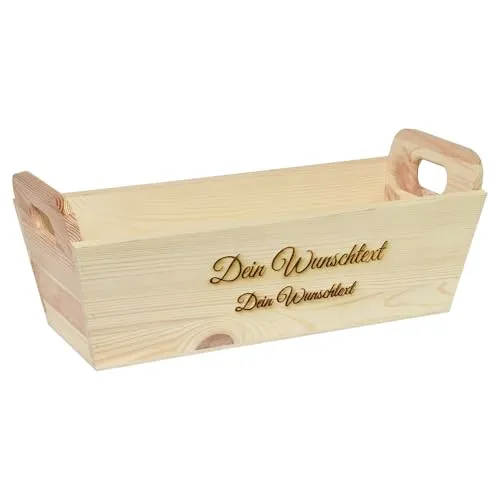 CHICCIE Geschenkkorb mit Henkeln Personalisierbar Wunschtext 35x11x13cm Präsentkorb Holz Geschenkidee Holzkiste Hochzeit Geburtstag Ruhestand Personalisierung