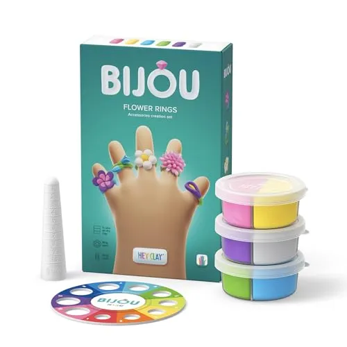 Hey Clay Bijou – Ton-Set zum Gestalten von Accessoires – lufttrocknender Ton mit Werkzeugen und interaktiver App für Kinder ab 3 Jahren (Blumenringe)