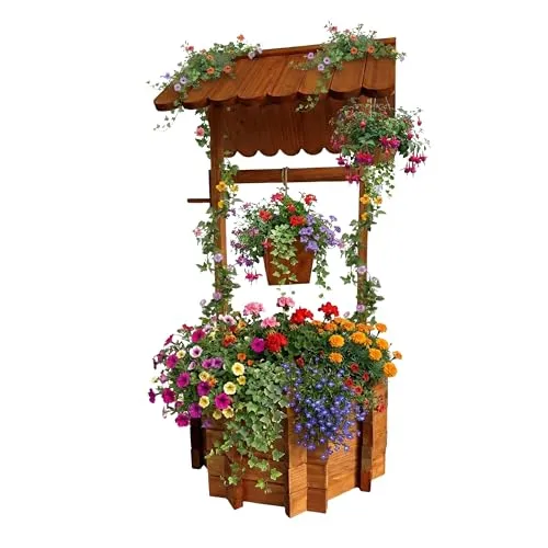 Relaxdays Zierbrunnen aus Tannenholz, bepflanzbar mit Kurbel und Eimer, 114 x 56 x 56 cm