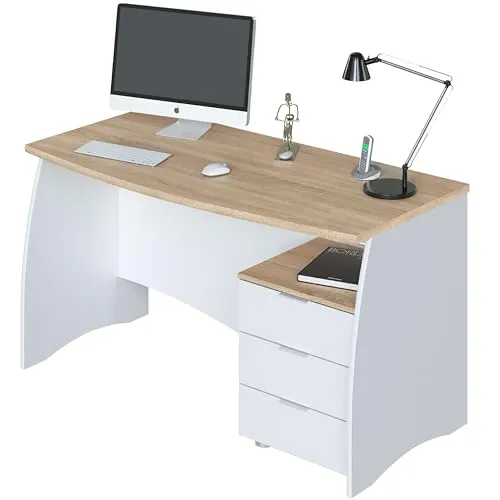 Habitdesign Schreibtisch Estil mit 3 Schubladen – moderner Bürotisch in Weiß und Kanadischer Eiche