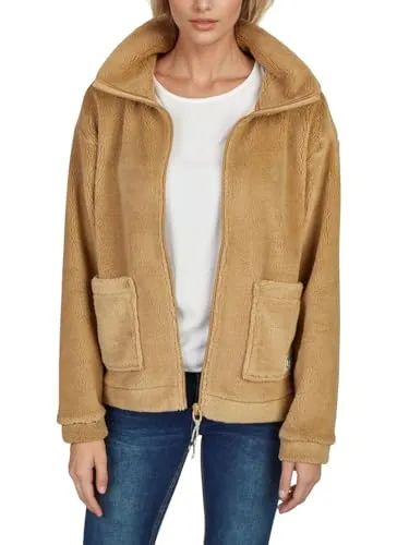 DENIMFY Fleecejacke Damen Regular Fit DFKira Teddyfleece Winterjacke Übergangsjacke Stehkragen, Größe:M, Farbe:Tannin Brown