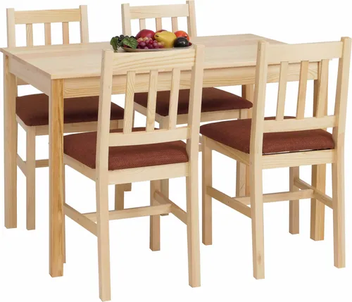 Esszimmer-Set MCW-F77 - Massivholz Kiefer mit Polsterung in Terrakotta - Stilvolle Sitzgruppe im Landhausstil mit 4 bequemen Stühlen und stabilem Tisch. Ideal für gemütliche Mahlzeiten und gesellige Abende. Pflegeleichte Oberfläche und hohe Stabilität für langanhaltenden Komfort.