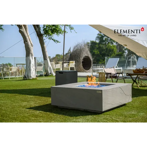 Elementi Feuerstelle Carpertee, Grau, 108x46x108 cm - Elegante Gas-Feuerstelle in stilvollem Sandstein-Look für Terrasse oder Garten. Mit elektrischem Zünder und stufenloser Gas-Regulierung für gemütliche Abende im Freien.
