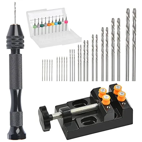 DODUOS Handbohrer Set mit 25 Stück Spiralbohrer Bits, 10 Stück PCB Mini Bohrer, 1 Stück Schraubstock und Manuelle Bohrmaschine Handbohrer Werkzeuge für DIY Bohren, Schmuck Carving