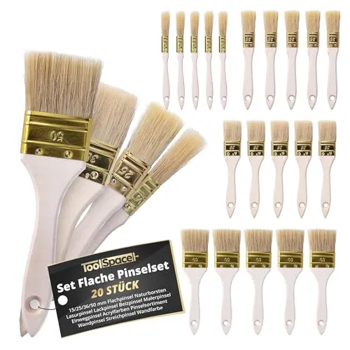 ToolSpace Pinselset 20er Pinsel Set Borstenpinsel 15/25/36/50 mm Flachpinsel Naturborsten Universelle Verwendung Einweg oder Profi Malerpinsel Lasurpinsel Lackpinsel Beizpinsel
