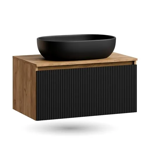 Planetmöbel Waschtisch-Set ARISA 80 cm mit Aufsatzwaschbecken - Modernes Waschtisch-Set in Gold Eiche / Schwarz für stilvolles Badezimmer-Design. Mit Soft-Close Schublade und hochwertigem Keramikwaschbecken – ideal für praktischen Stauraum und individuelle Gestaltung.