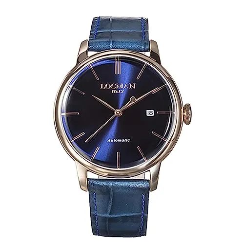 Locman Italy Herrenuhr 1960 Automatik roségold PVD blau Ref. 0255 - Armbanduhren für Herren, elegante Automatik-Herrenuhr mit hochwertigem roségold PVD-Finish und robustem Lederarmband für stilbewusste Männer.