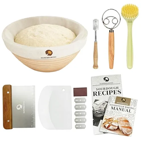 Stück Sauerteig Starter Set, 23cm Gärkorb Rattan Brot Backen Komplettset | Rattan, Gärkörbchen Zubehör Professionelles Brotbackzubehör für Anfänger Erfahrener Bäcker 13