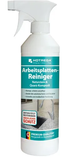 HOTREGA® Arbeitsplatten-Reiniger 500 ml - Spezial-Pflegemittel für Naturstein und Quarz - Gebrauchsfertiges Pflegemittel für die regelmäßige Reinigung von Küchenarbeitsplatten. Entfernt mühelos Schmutz, Öl und Fett, während es das natürliche Erscheinungsbild erhält.