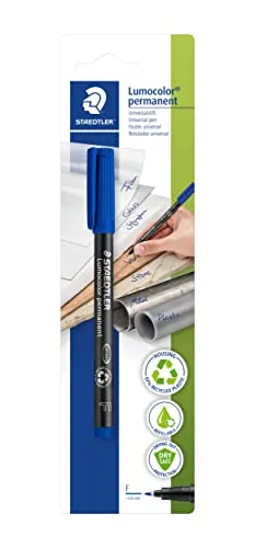 STAEDTLER permanent Marker Lumocolor, blau, F-Spitze Linienbreite ca. 0,6 mm, wisch- und wasserfest, Made in Germany, nachfüllbar, lange Lebensdauer, 1 Universalstift auf Blisterkarte, 318-3 BKDA