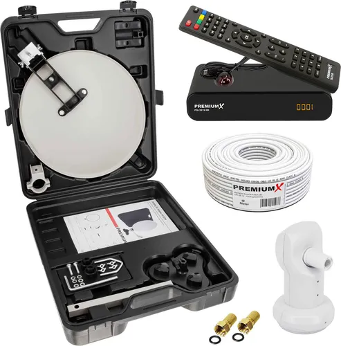 Premium X Camping SAT Anlage komplett - Sat-Schüsseln mit handlichem Koffer, ideal für Camping. Genießen Sie TV-Entertainment überall mit einfachem Aufbau und vielseitigen Montagemöglichkeiten.