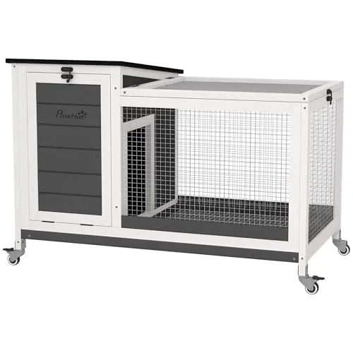 PawHut Kaninchenstall aus Holz mit Freilaufgehege - Kleintiergehege für drinnen und draußen, wetterfestes Design mit schrägem Dach für trockene Innenräume und mühelose Reinigung dank ausziehbarem Tablett.