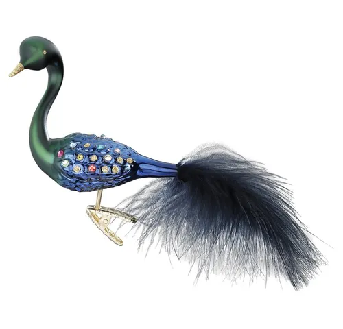 Funkelnder Pfau 9 cm - Inge-Glas - Christbaum- & Feiertagsschmuck, handgefertigtes, mundgeblasenes Ornament in mehrfarbigem Design, ideal für eine festliche Weihnachtsdekoration.