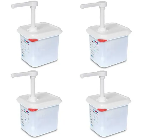 BRB-Lagertechnik Aufbewahrungssystem 4x Pumpspender für Saucen, 2,6 Liter, dicht schließender Deckel, Polypropylen-Kunststoff