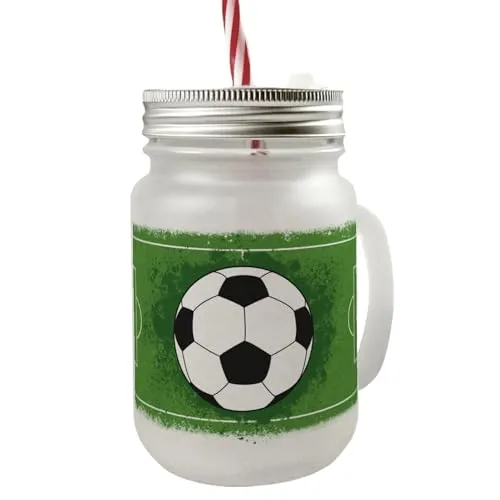 speecheese Fußball mit Fußballfeld Mason Jar Henkel Trinkglas mit Deckel ein buntes Glas für Fußballfans Mason Jar Henkel Trinkglas mit Deckel Motiv Kinder Jungen Kindergeburtstag