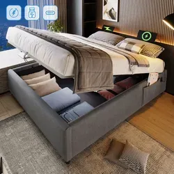MODFU   Polsterbett Jugendbett  Doppelbett 140×200 cm mit USB- C und Vollflächiger Lattenrost, Hydraulisches Stauraumbett mit Bettkasten Stauraum... - Grau