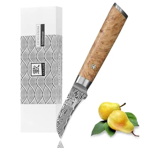 zayiko Damast Schälmesser 6 cm - Edles Küchenmesser aus schwarzem Damaststahl - Schälmesser für filigrane Schneidearbeiten, gefertigt aus 67 Lagen Damaststahl mit VG10 Kern, ergonomischer Birkenwurzelholzgriff, ideal für Links- und Rechtshänder.