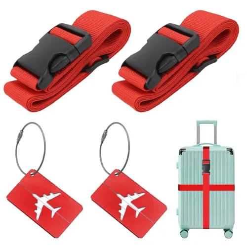 Koffergurt (2 Stück), inkl 2 Namensschildern, rutschfest Einstellbare Kofferbänder mit, Für Schnell erkennen Gepäck Reisetasche Koffer, 5 x 200cm, Rot