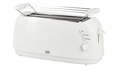 KHG Toaster TO-1300VSW | Toaster Langschlitz 4 Scheiben mit Brötchenaufsatz | 6 Bräunungsstufen mit Bräunungskontrolle, Krümelfach | 1300 Watt Leistung | Außengehäuse - Weiß, Klassisch, Retro
