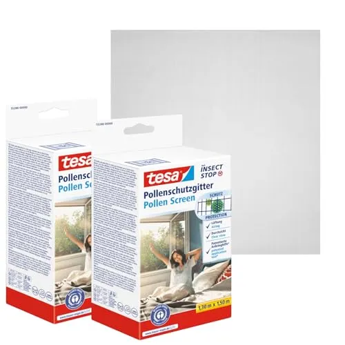 tesa Pollenschutzgitter im 2er Pack - Transparente Pollenschutzlösung für Allergiker - Klettband Pollenschutz für nach innen öffnende Fenster, hält 98% der Pollen ab und ermöglicht gute Luftzirkulation. Einfache Montage ohne Bohren, ideal für Allergiker.