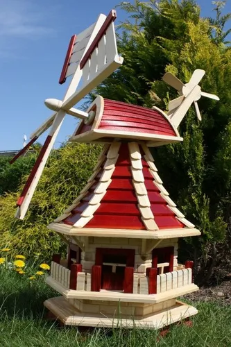 Holzwindmühle mit Solar rot/natur Typ 2