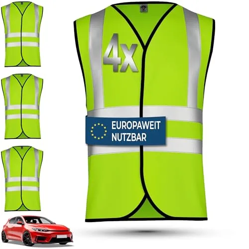 OMKA Warnwesten 4er Set Auto – Sicherheitswesten Herren & Damen nach EN ISO 20471:2026 – Reflektierende Warnwesten 360° Sichtbarkeit – Europaweit gültige Pannenwesten für PKW, KFZ & Reisen, 2XL