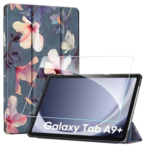 Fintie Hülle für Samsung Galaxy Tab A9+/A9 Plus 11 Zoll 2023 Tablet mit Schutzfolie - Ultradünne Kunstleder Schutzhülle Cover mit Auto Schlaf/Wach Funktion, Hibiskus