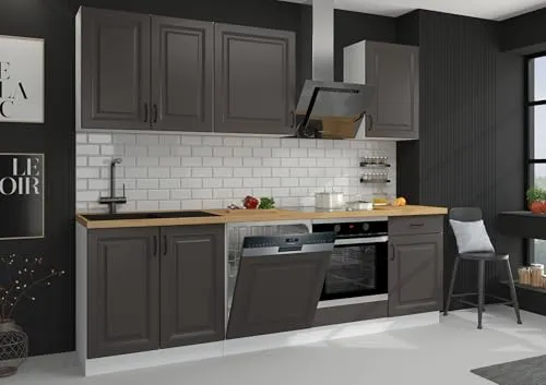 Landhaus Küche Stilo Grau 250 cm - Erweiterbare Küchenzeile im modernen Design - Küchenzeilen mit viel Stauraum im eleganten Landhausstil, perfekt für Ihr Zuhause und ideal für die optimale Organisation Ihrer Küchenutensilien.