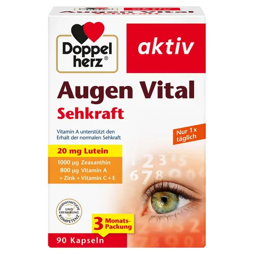 Doppelherz® Augen Vital Sehkraft - 90 Kapseln - Nahrungsergänzungsmittel zur Unterstützung der Sehkraft mit Vitamin A und Zink. Enthält Lutein und Zeaxanthin für optimalen Zellschutz und gesunde Augen.