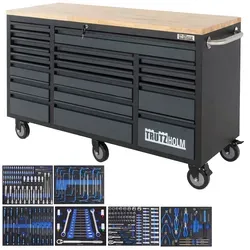 Baumarktplus Werkstattwagen Deluxe XXL 160x91cm 20 Schubladen gefüllt 254tlg CRV Anthrazit Werkzeugwagen Hartholz