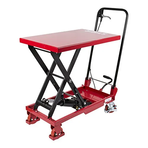 STIER Scheren-Hubtischwagen 150 kg Traglast - Hubwagen mit klappbarem Bügel, hydraulischer Anhebung und ergonomischer Nutzung. Ideal für Industrie und Handwerk, bietet er Sicherheit und Vielseitigkeit auf verschiedenen Böden.